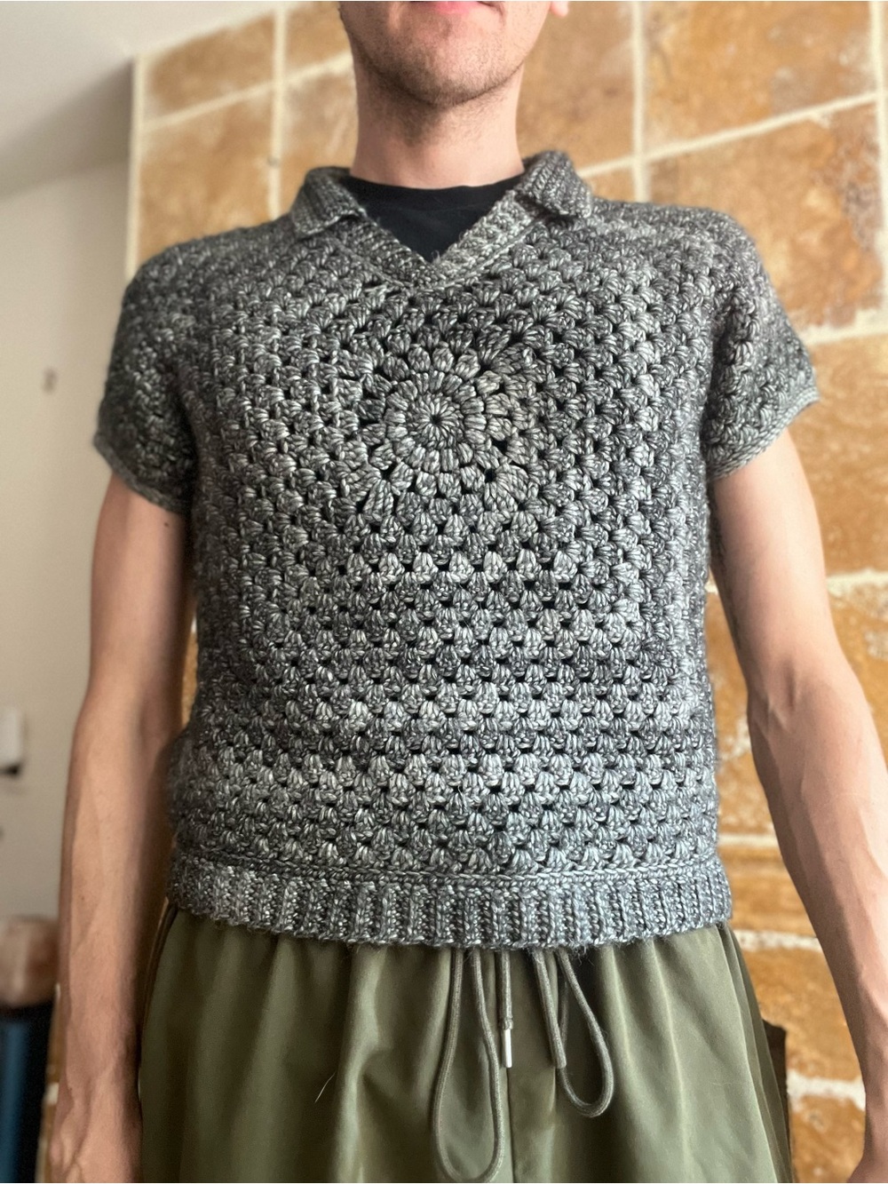 Men's Short-Sleeve Crochet Polo in Gray